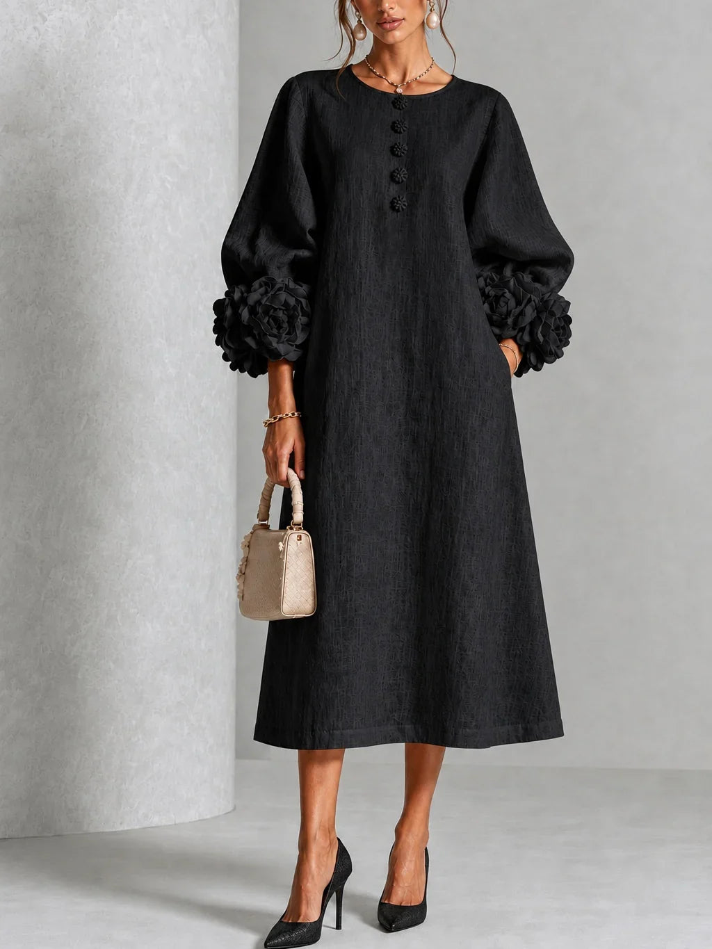 Floral Button-down Midi Dress With Striking Floral Cuffs
