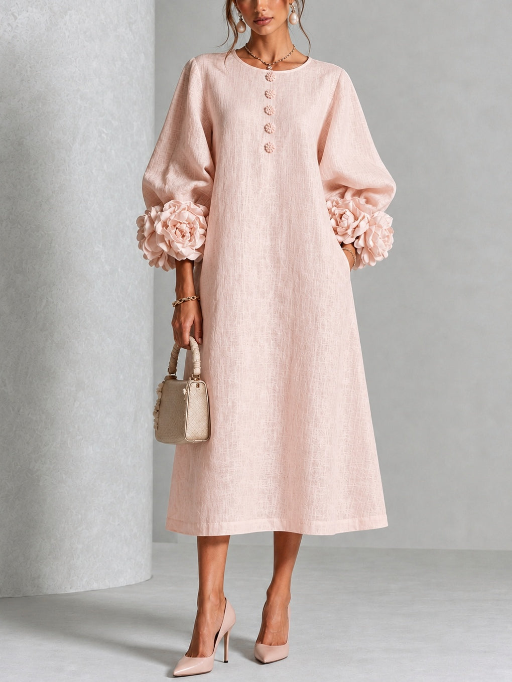 Pink Floral Button-down Midi Dress With Striking Floral Cuffs