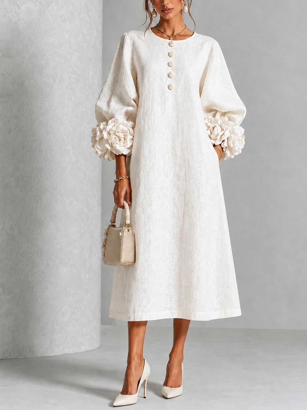 Floral Button-down Midi Dress With Striking Floral Cuffs