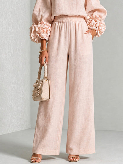 Pink Top Featuring Striking Floral Cuffs Paired With Wide-leg Pants Suit