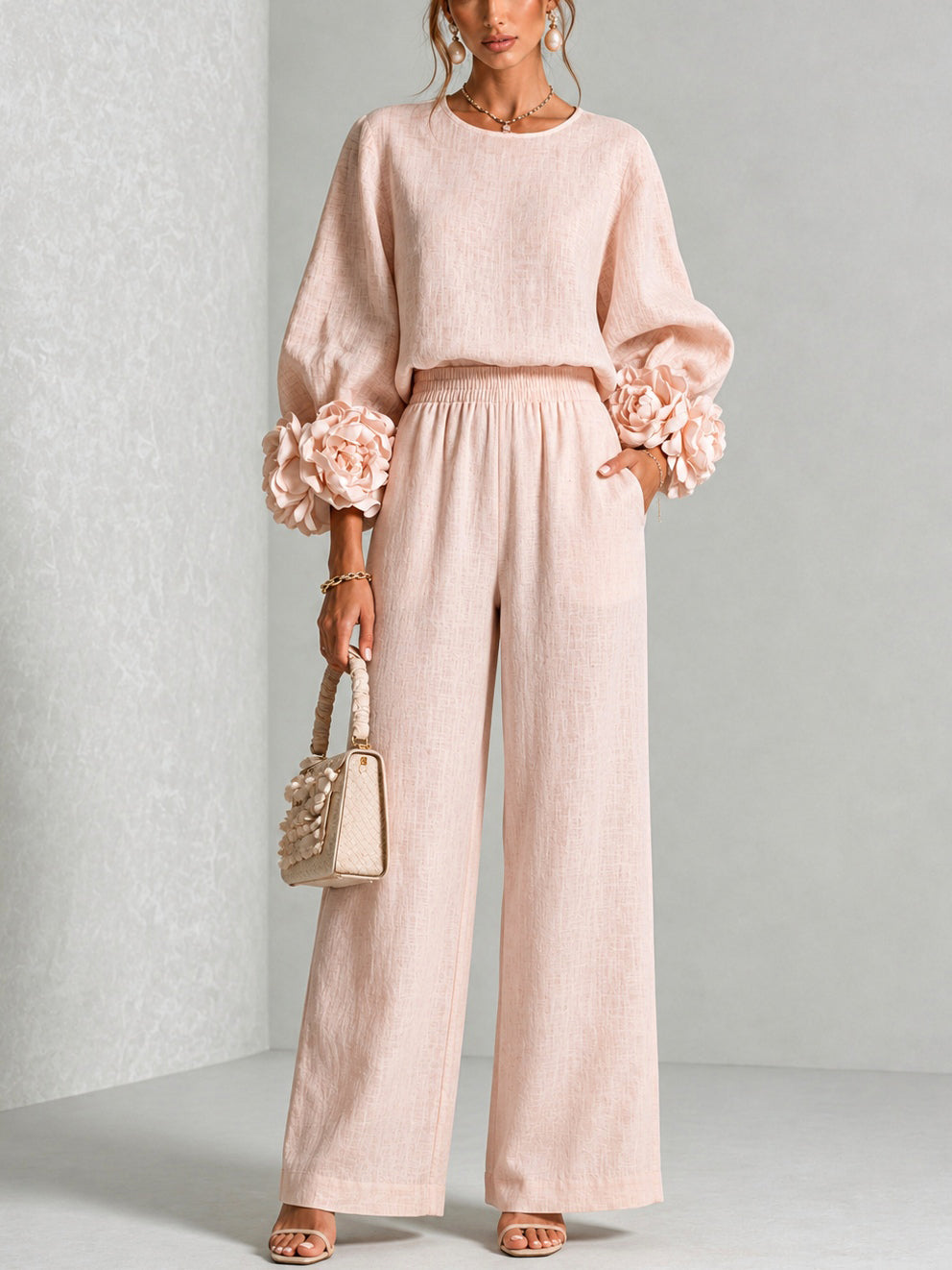 Pink Top Featuring Striking Floral Cuffs Paired With Wide-leg Pants Suit