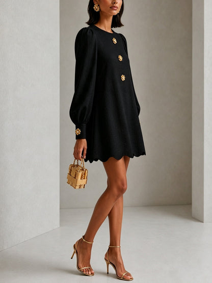 Black Scalloped-edge Mini Dress With Gold Floral Embellishments