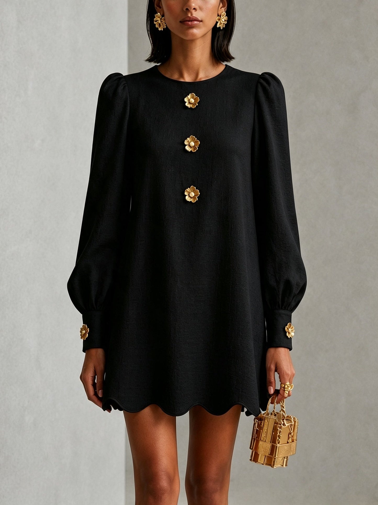 Black Scalloped-edge Mini Dress With Gold Floral Embellishments