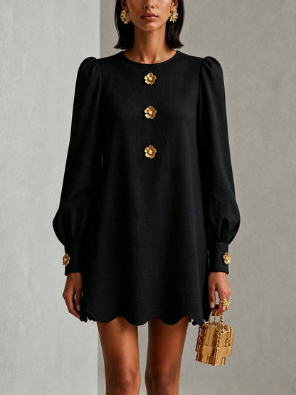 Black Scalloped-edge Mini Dress With Gold Floral Embellishments