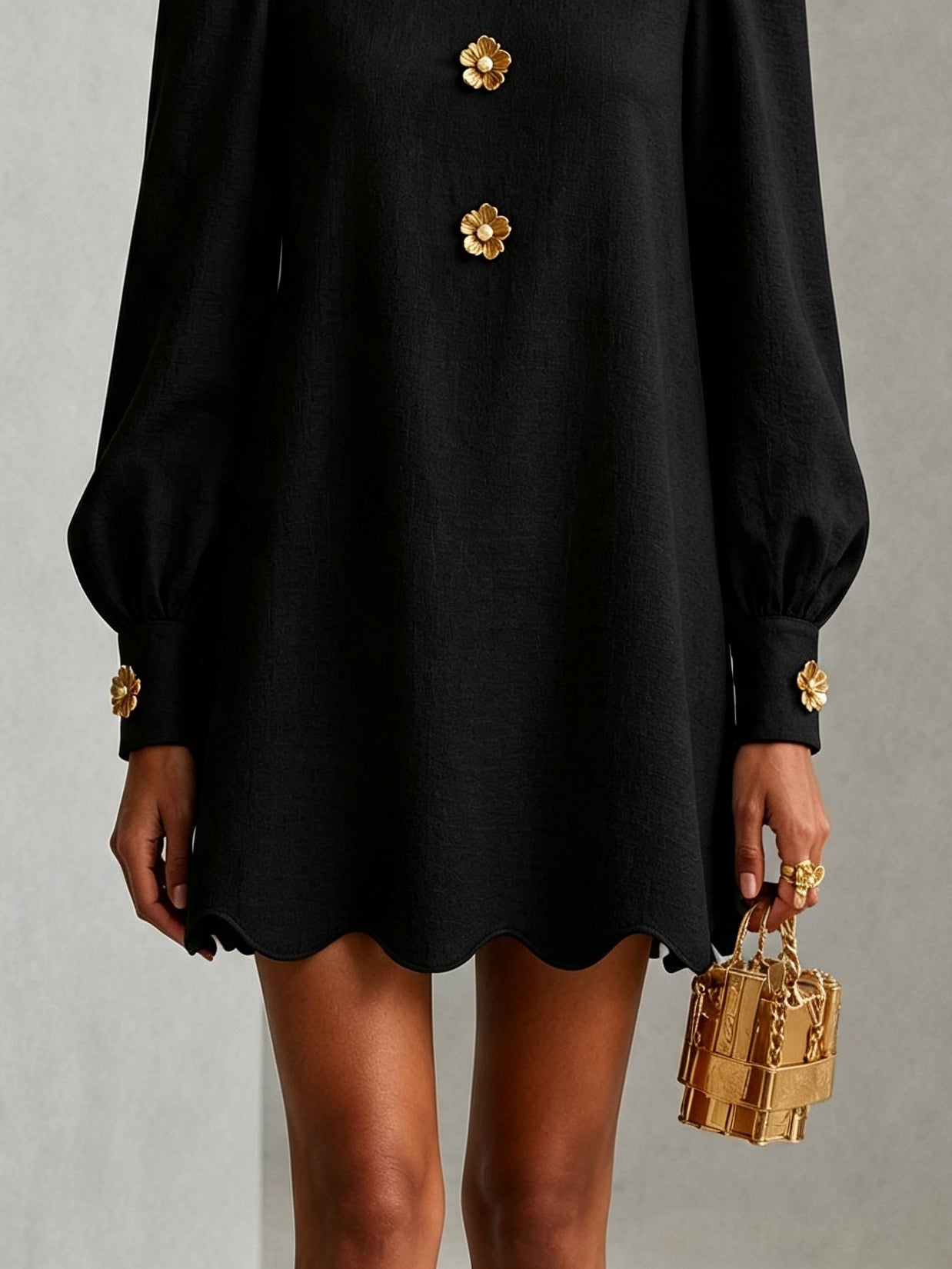Black Scalloped-edge Mini Dress With Gold Floral Embellishments