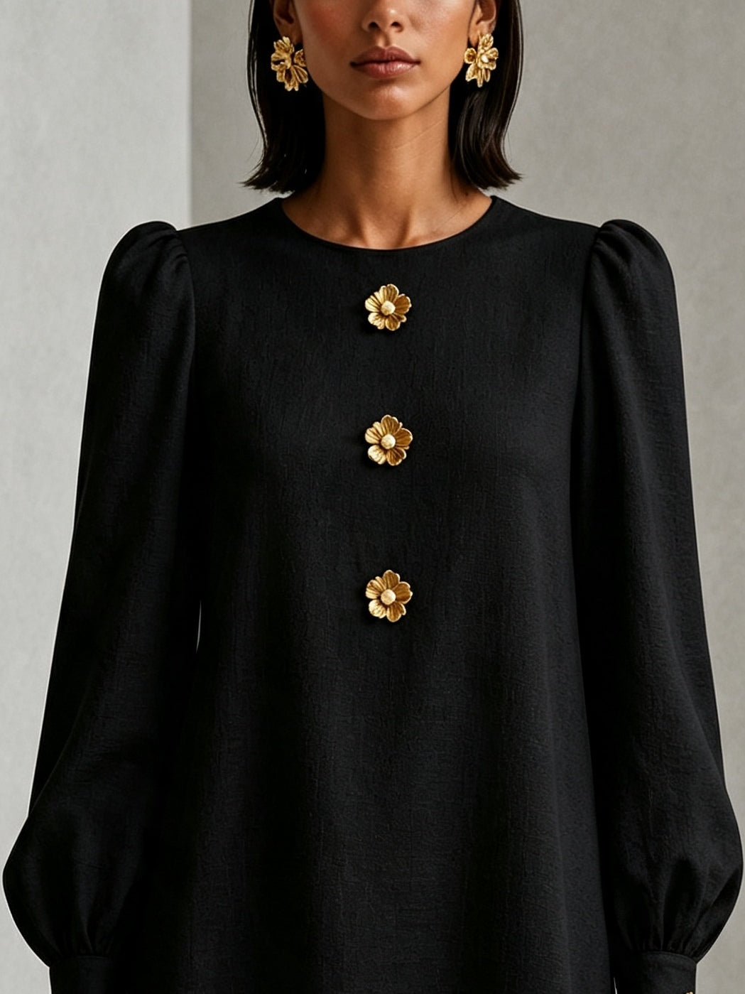 Black Scalloped-edge Mini Dress With Gold Floral Embellishments