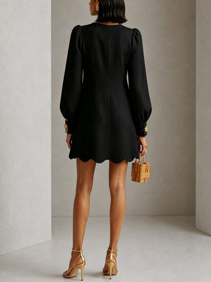 Black Scalloped-edge Mini Dress With Gold Floral Embellishments
