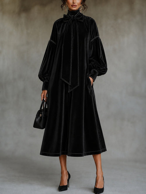 Velvet Midi Dress With Bow Detail And Lantern Sleeves - Black / XS(2) - Midi Dresses