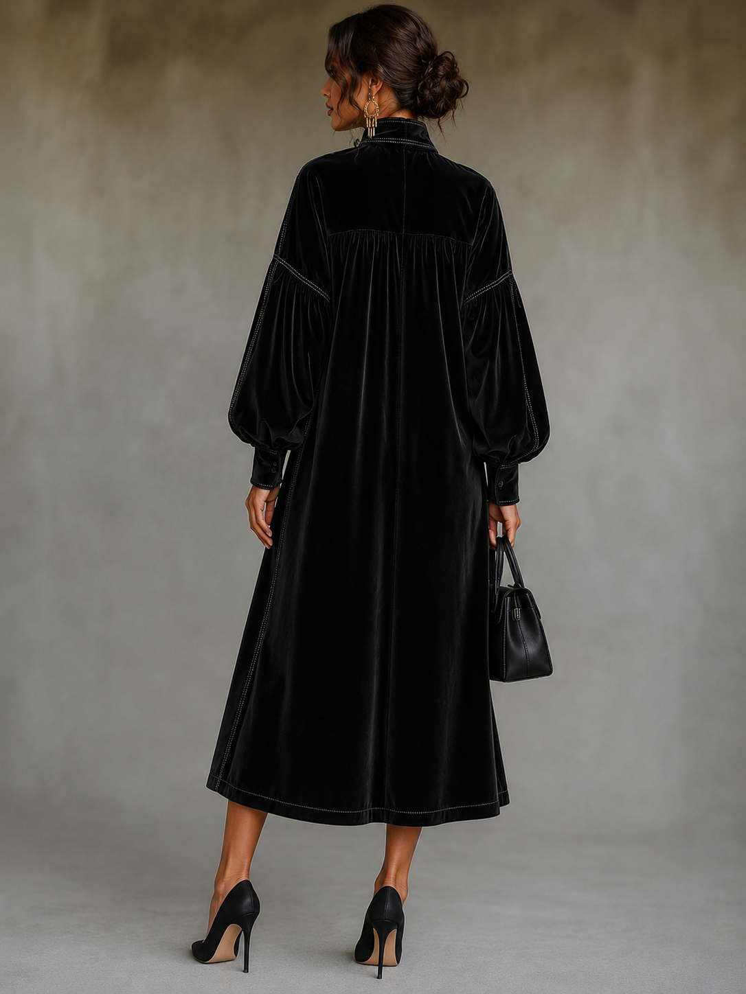 Velvet Midi Dress With Bow Detail And Lantern Sleeves - Midi Dresses