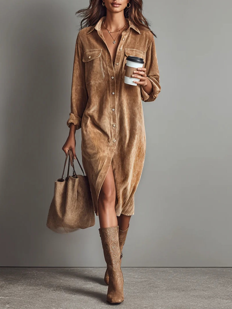 Loose-Fitting Corduroy Midi Dress