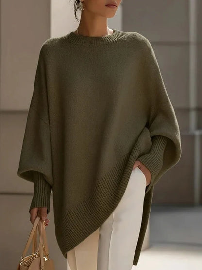 Women's Solid Beige Asymmetric Batwing Sleeve Knit Poncho Sweater