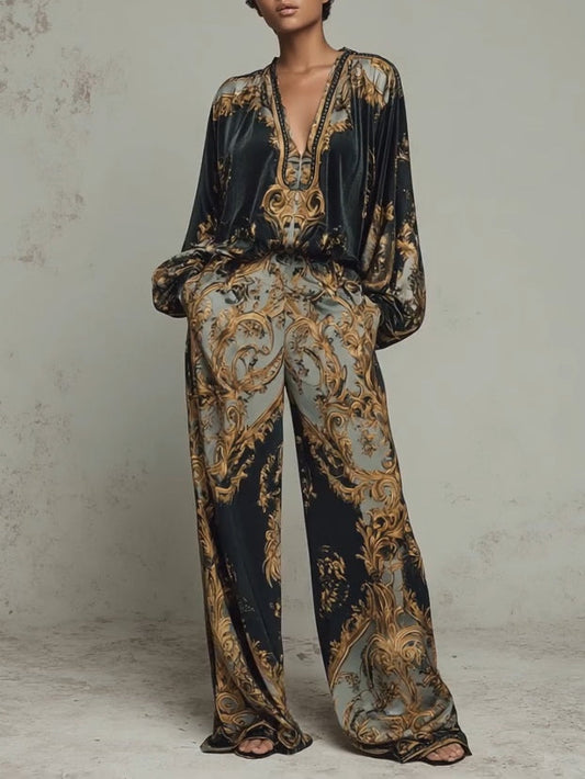 Baroque Ornate Floral Print Top And Wide-leg Trousers Casual Suit