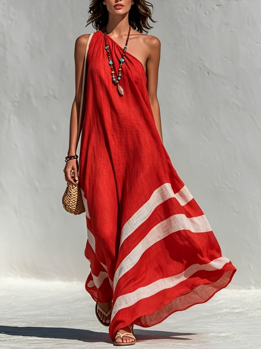 Women's Vacation-Style Cotton-Linen Color-Block One-Shoulder Loose Maxi Dress