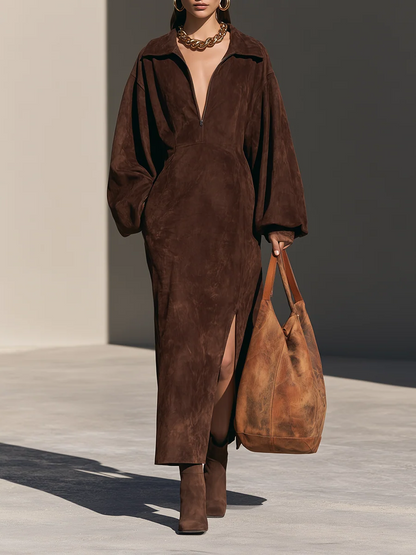 Elegant Brown Suede Half-Zip Long Sleeve Maxi Dress with Side Slit