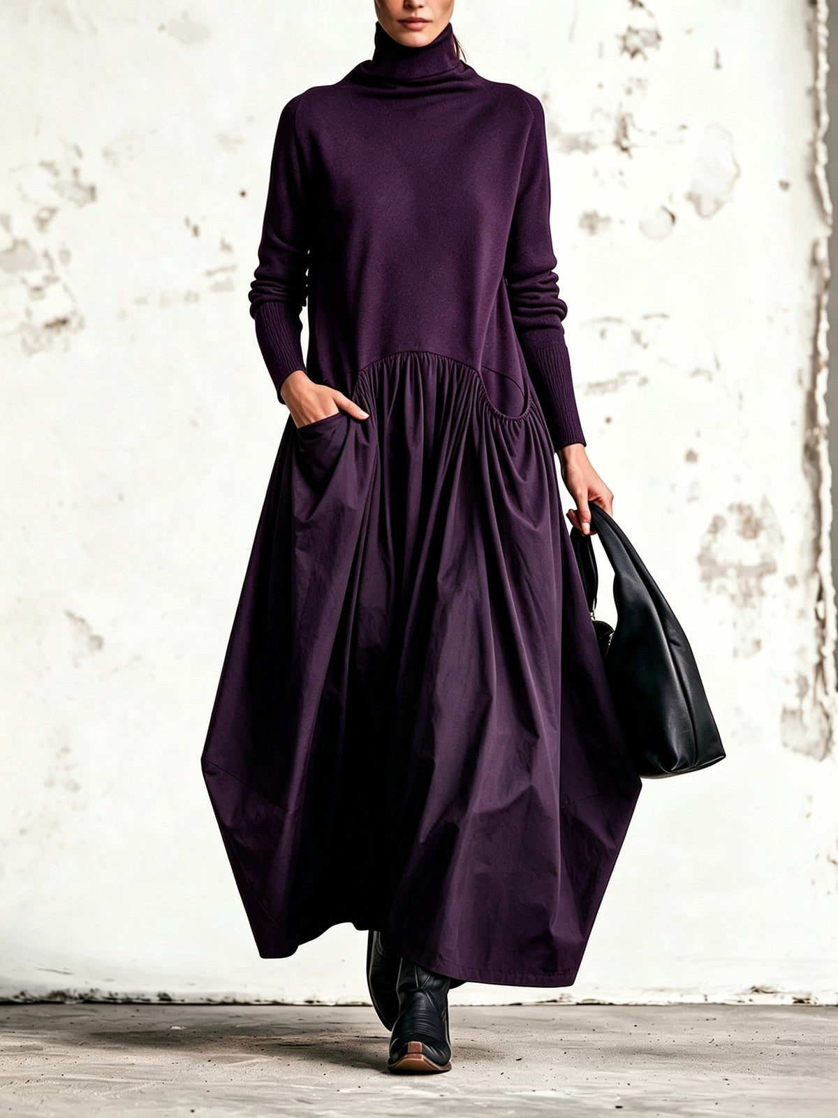 Black High Neck Pocket Detail Oversized Maxi Dress