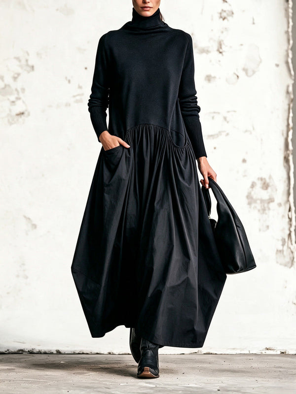 Black High Neck Pocket Detail Oversized Maxi Dress