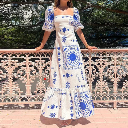 Linen Blend Unique Print Square Neck Bubble Sleeve Maxi Dress