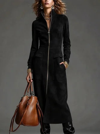 Urban Solid Suede Full Zip Stand Collar Long Sleeve Midi Dress