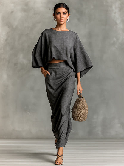 Natural Linen Batwing Crop Top Wrap Ruched Midi Skirt Two Piece Set