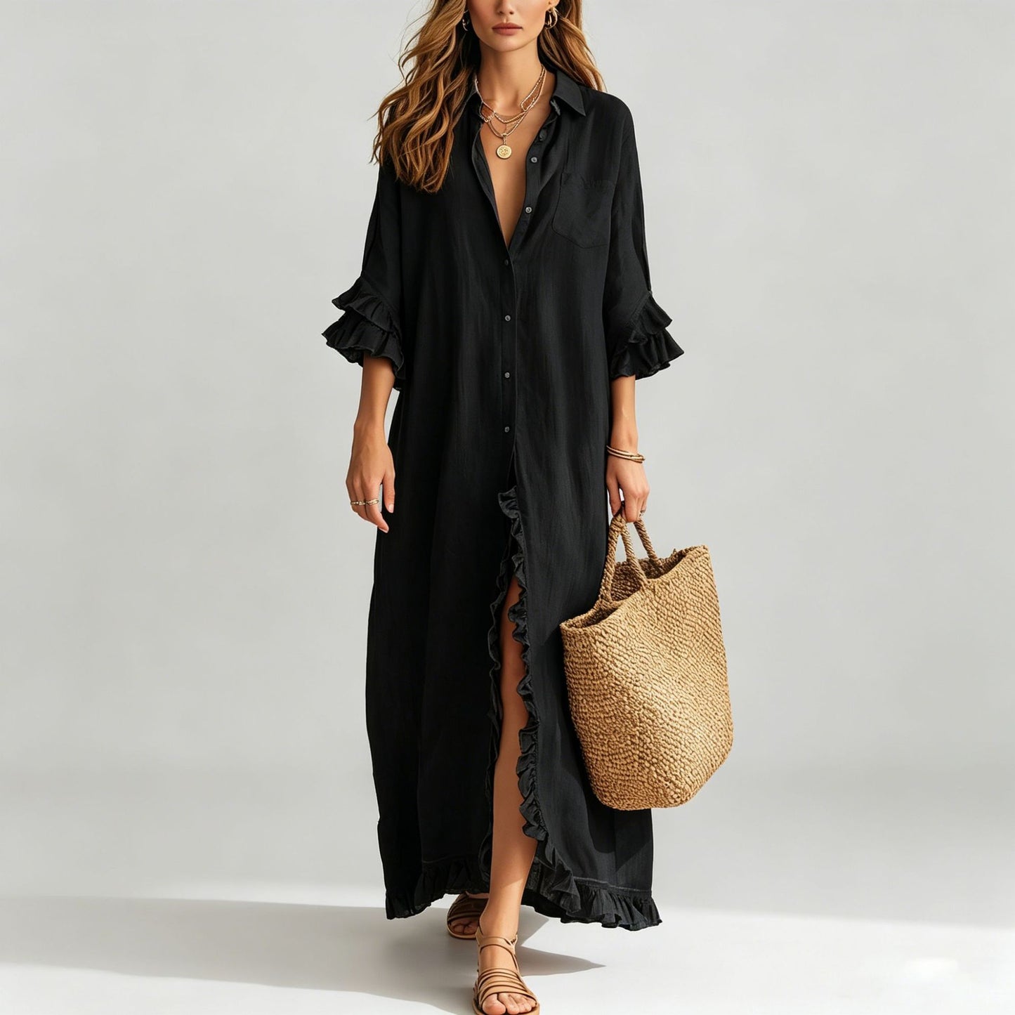Linen Ruffle Trim 3/4 Sleeve Shirt Maxi Dress