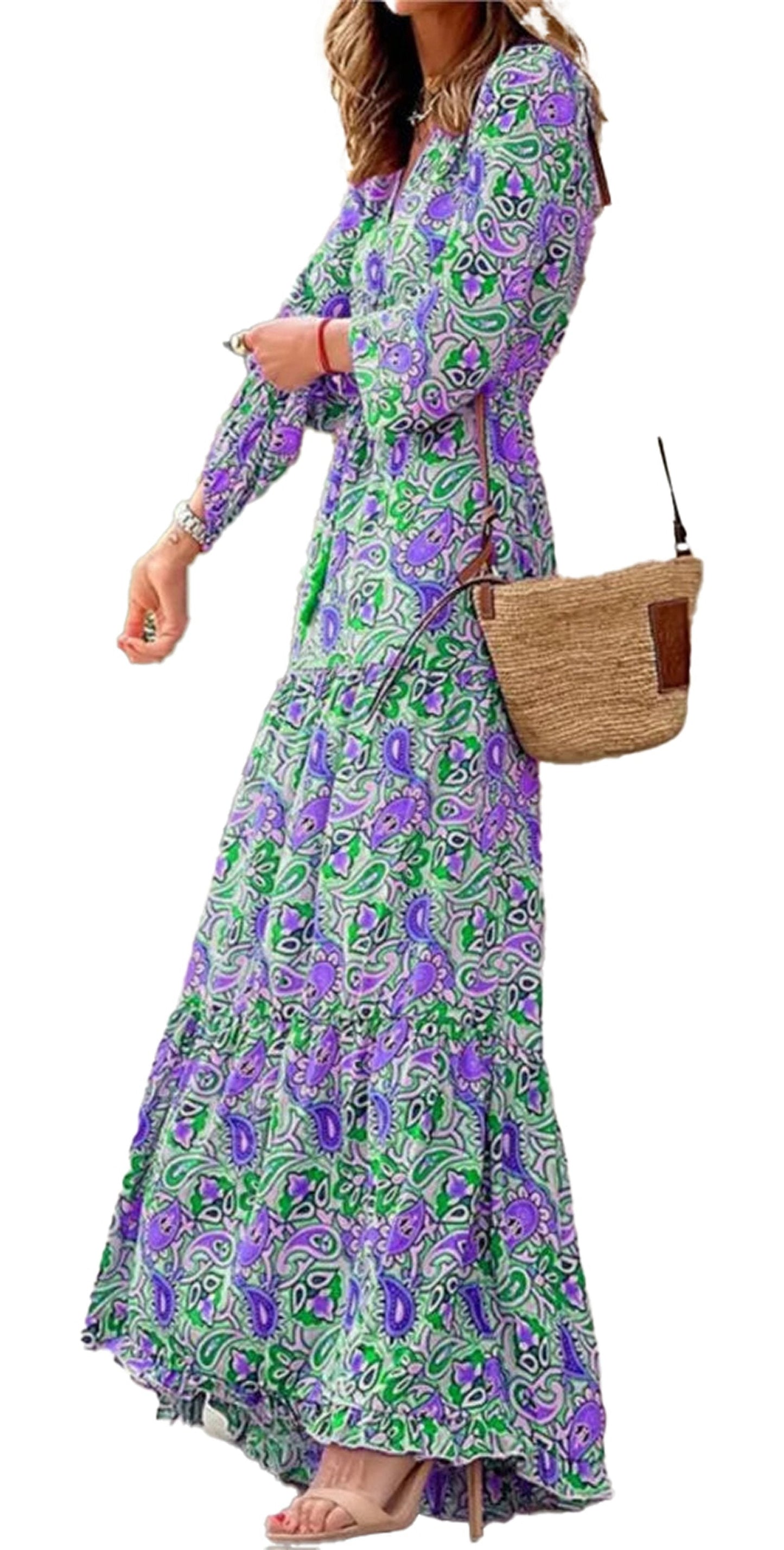 Bohemian V-Neck Autumn Dress For Fall Fashion