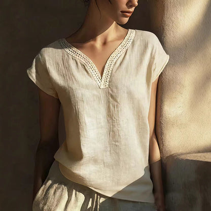 VChics Boho Vintage Lace V-neck Cotton Blend Shirt