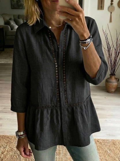 Casual Patchwork Openwork Webbing Linen And Cotton Shirt