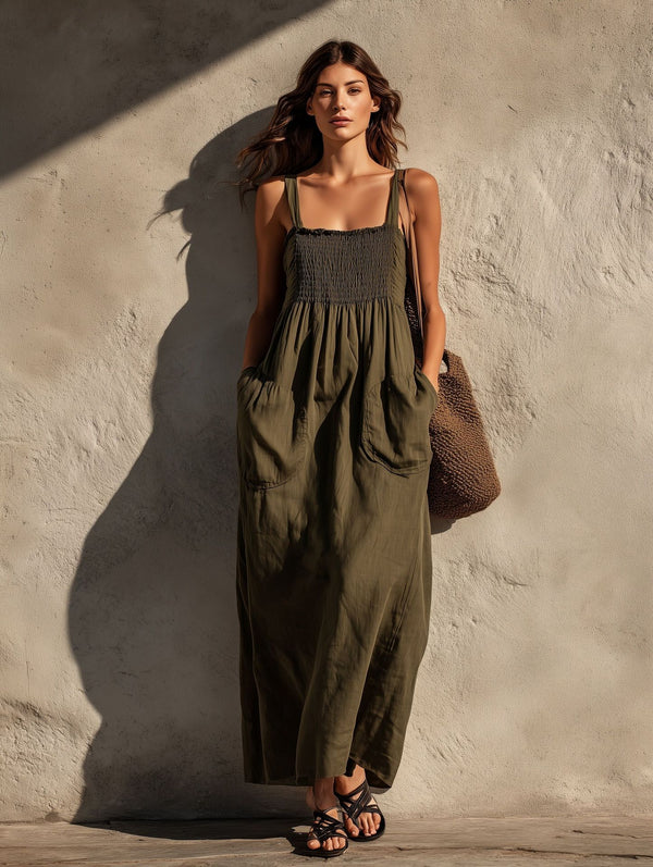 Smocked Square Neck Spaghetti Strap Pocket Linen Blend Maxi Dress