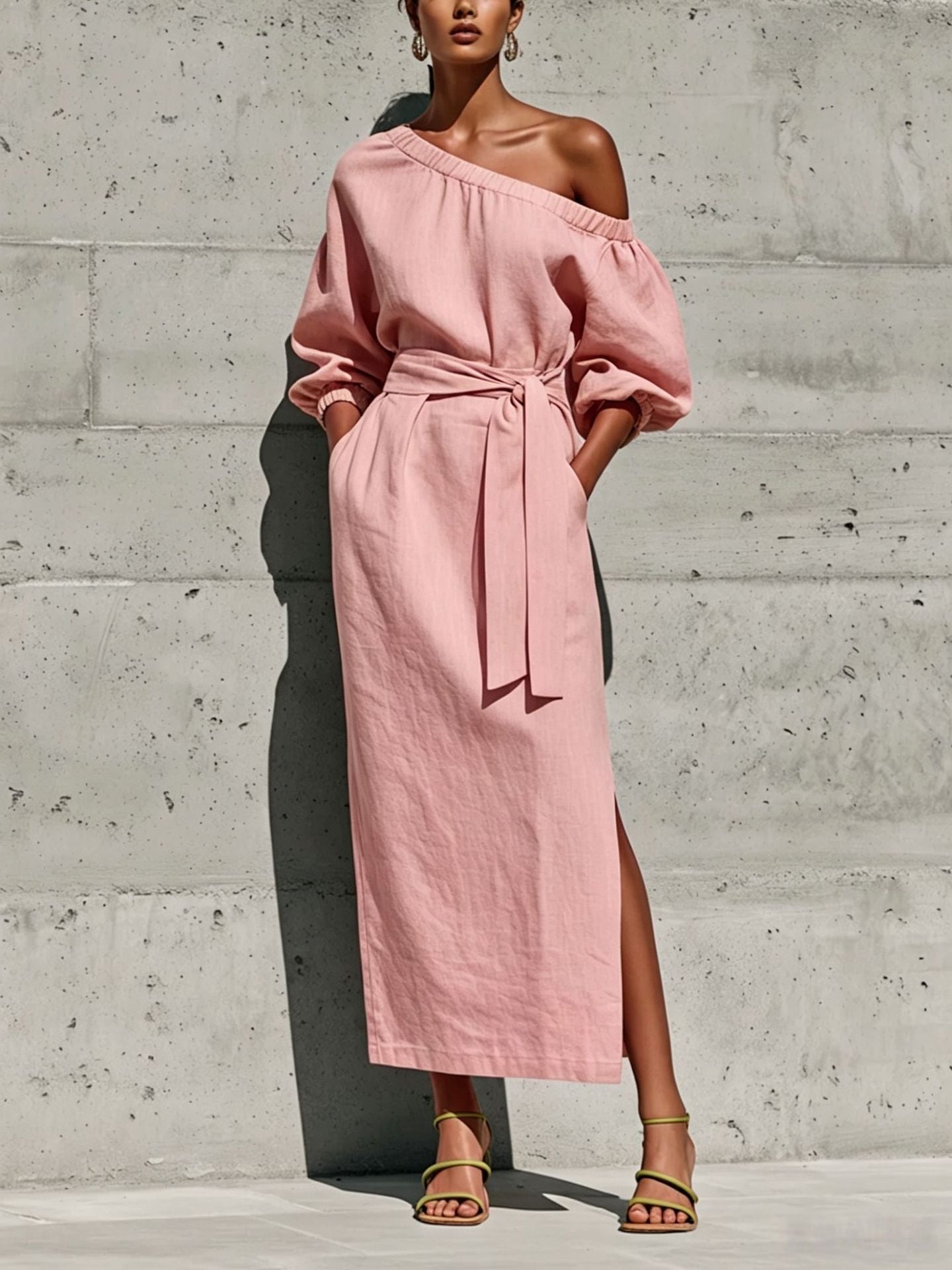 Linen One Shoulder Puff Sleeve Tie Waist Side Slit Midi Dress