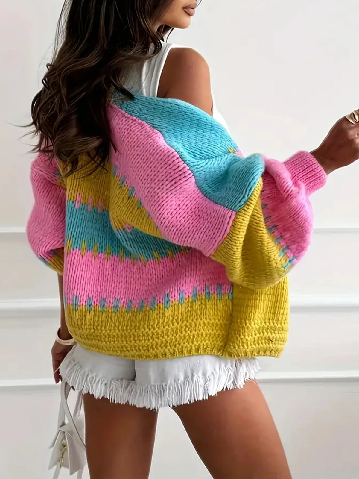 Candy Cloud Cardigan – oversized color block knit in fuchsia, pink, yellow, and blue.