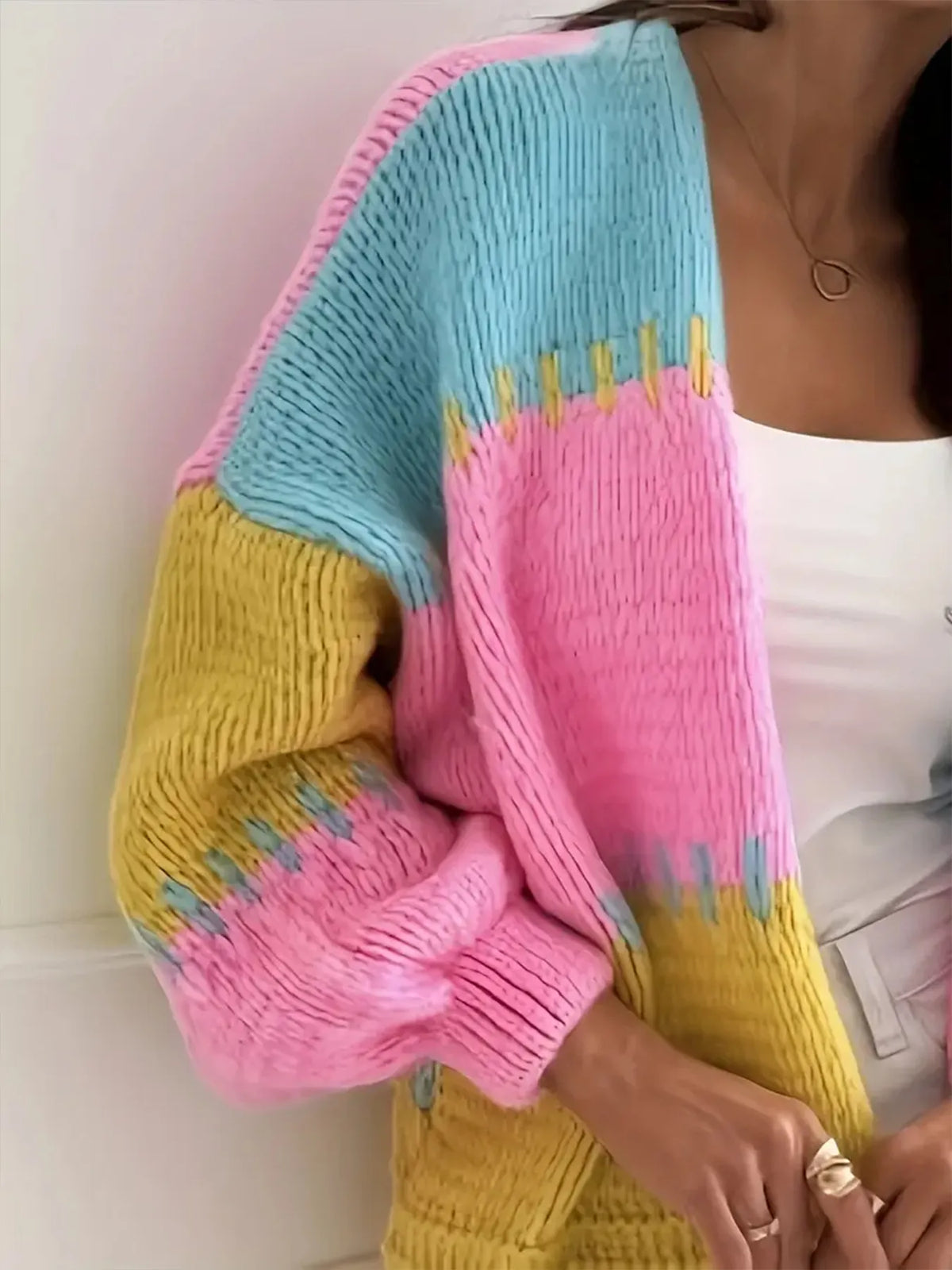 Candy Cloud Cardigan – oversized color block knit in fuchsia, pink, yellow, and blue.