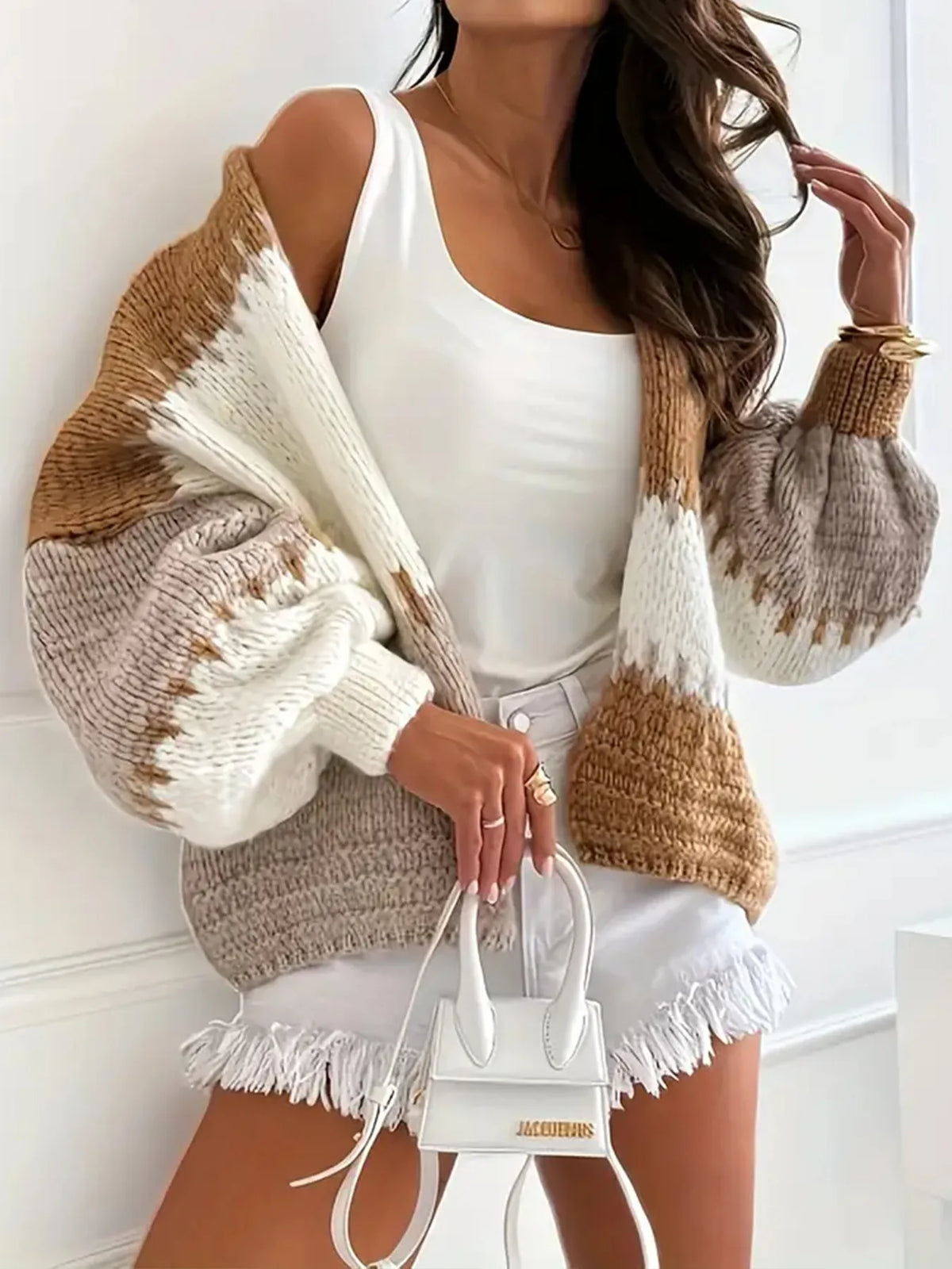 Candy Cloud Cardigan – oversized color block knit in khaki, beige, and cream.