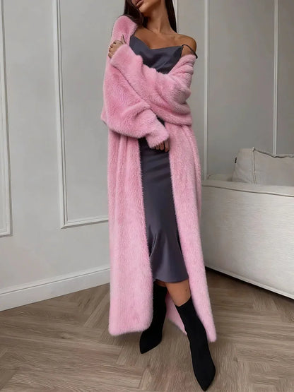 Plush fluffy autumn and winter loose coat women's long cardigan imitation mink white knitted cardigan
