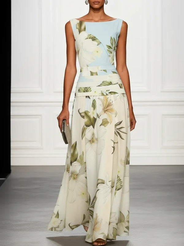 Vintage Lily Floral Color Block Maxi Gown