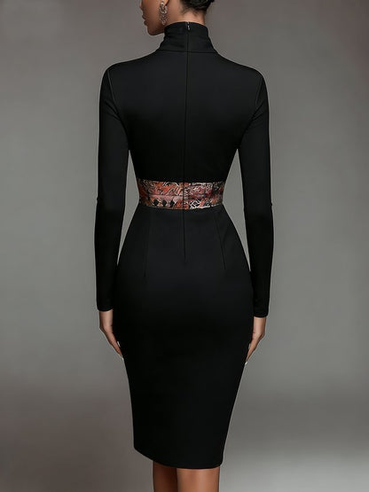 Elegant Stand Collar Jersey Midi Dress Long Sleeve