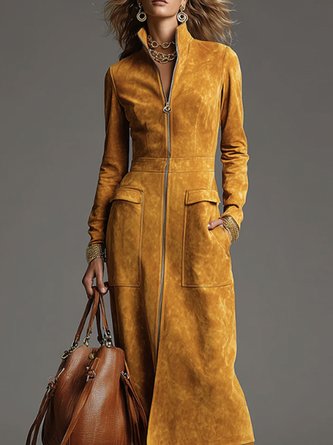 Urban Solid Suede Full Zip Stand Collar Long Sleeve Midi Dress