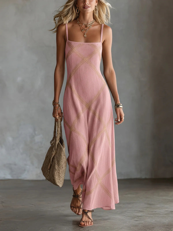 Diamond Lattice Textured Square Neck Slip Maxi Dress – Boho Summer Long Cami Dress