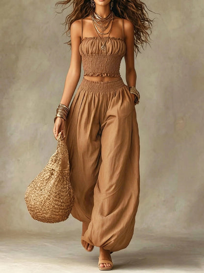 Spaghetti Strap Crop Top Baggy Harem Pants Boho Resort Wear Set