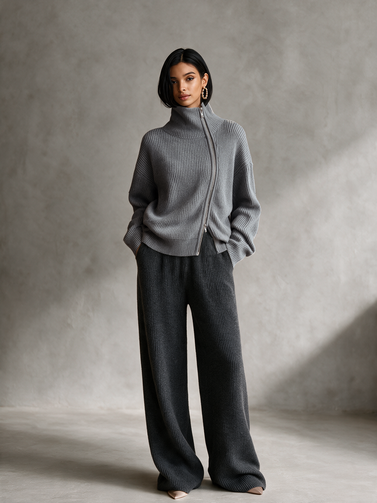 Women's Grey Diagonal‑Zip Funnel Neck Knit Sweater MDZ0365I7R