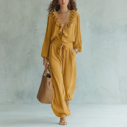 Ruffle V-Neck Long Sleeve Top & Tie Waist Wide Leg Pants Two Piece Set