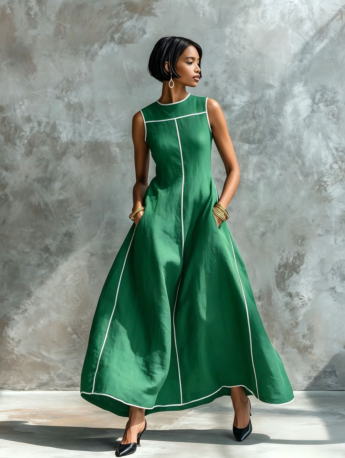 Contrast Stitching Sleeveless Linen Maxi Dress