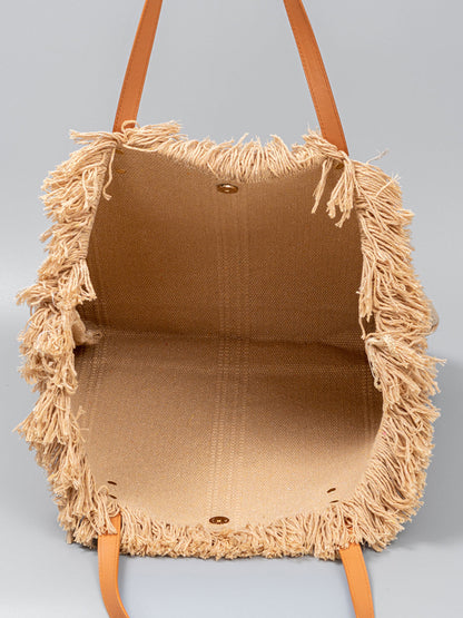 Handwoven Raffia Tote Bag with Fringe Trim
