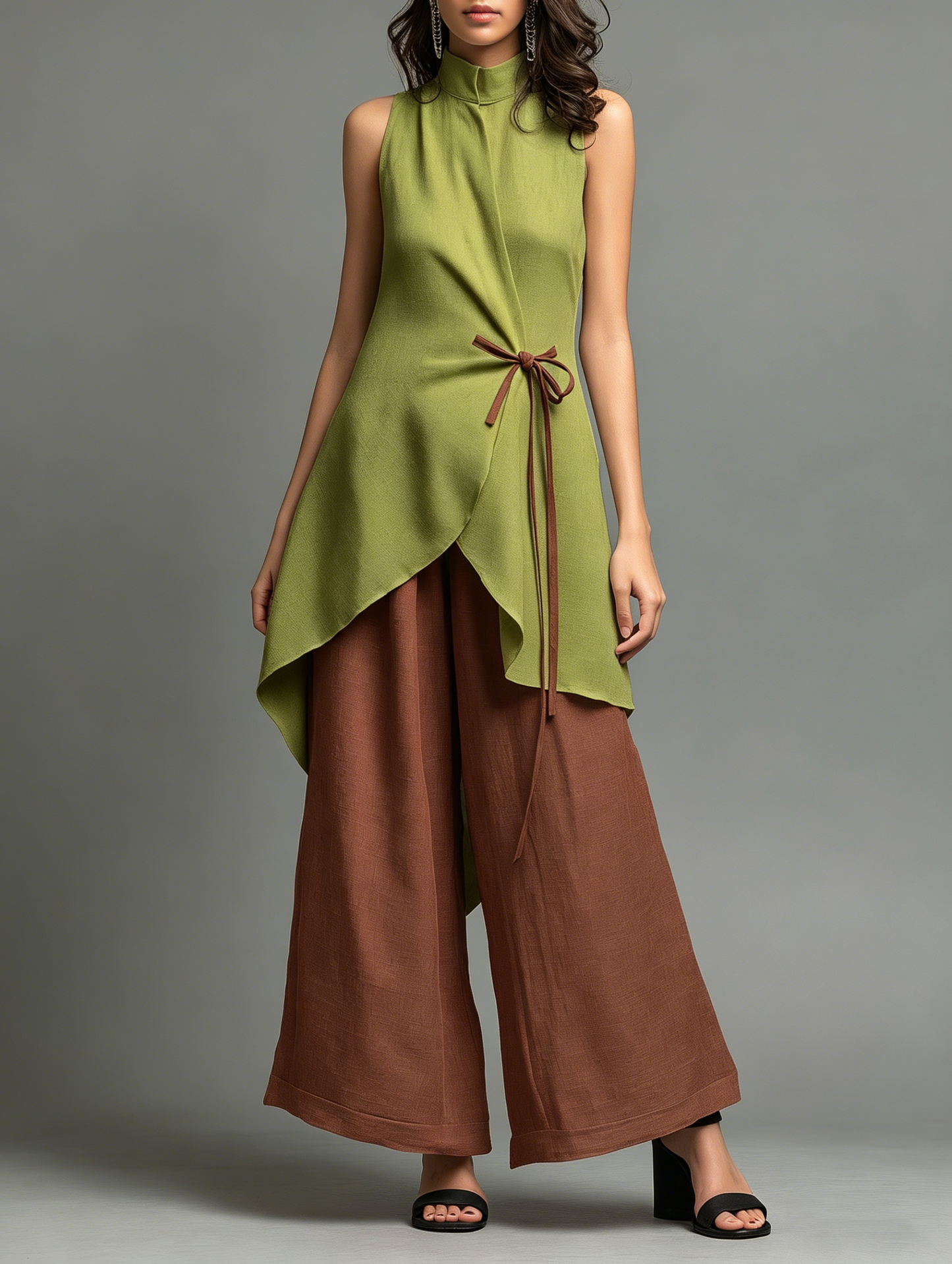 Color-block Stand-collar Lace-up Sleeveless Top + High-waisted Wide-leg Pants Cotton-linen Set