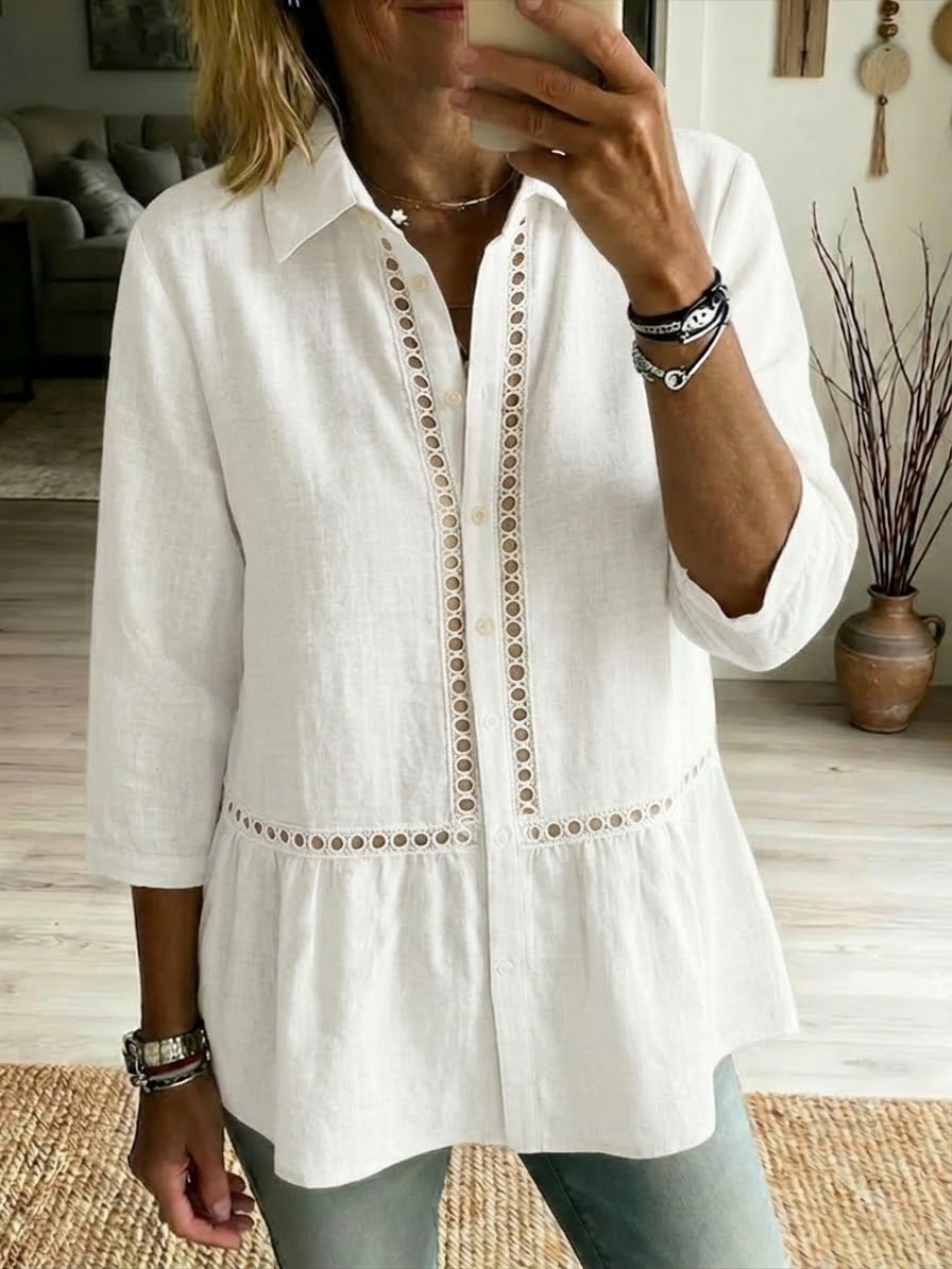 Casual Patchwork Openwork Webbing Linen And Cotton Shirt