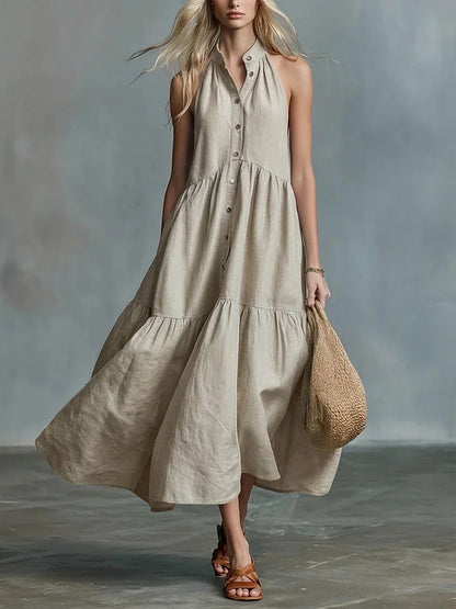Sleeveless Casual Loose Linen Button Vest Dress