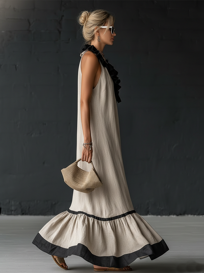 Stylish Simple Sleeveless Color-blocked Ruffled V-neck Cotton Linen Maxi Dress