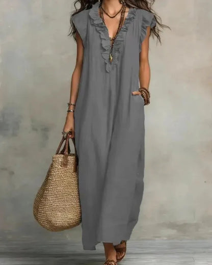 Women’s Boho Sleeveless Ruffle Maxi Dress with Pockets