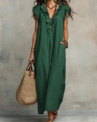 Women’s Boho Sleeveless Ruffle Maxi Dress with Pockets