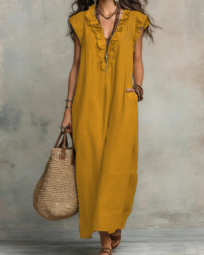 Women’s Boho Sleeveless Ruffle Maxi Dress with Pockets