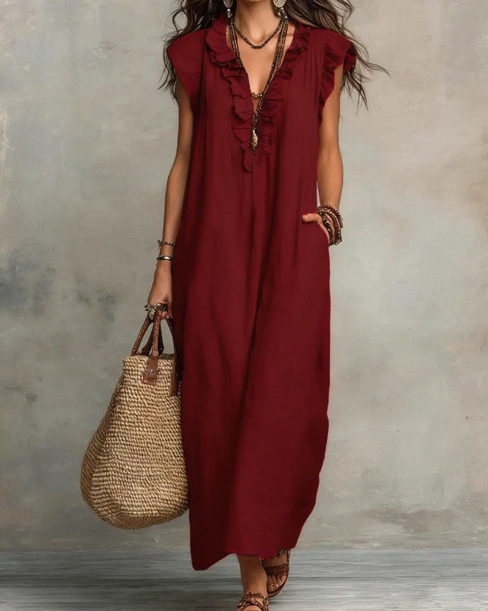 Women’s Boho Sleeveless Ruffle Maxi Dress with Pockets